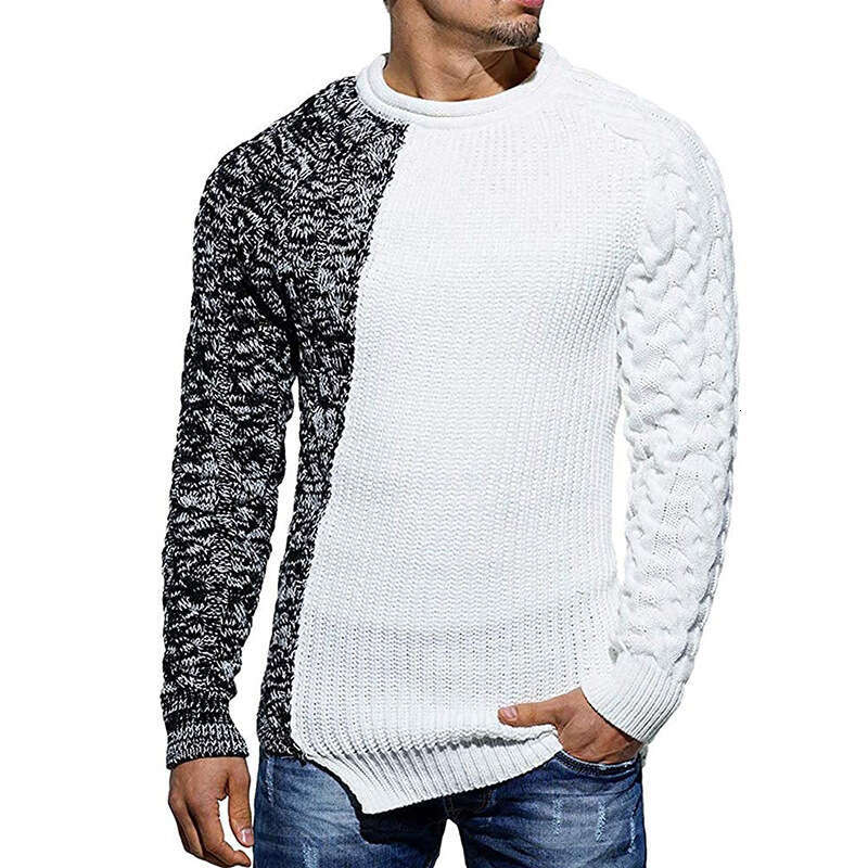 European American Color Blocked Autumn And Winter Round Neck Long Sleeved Knitted Slim Fit Sweater Muscle Men's Fashion Quality Classic