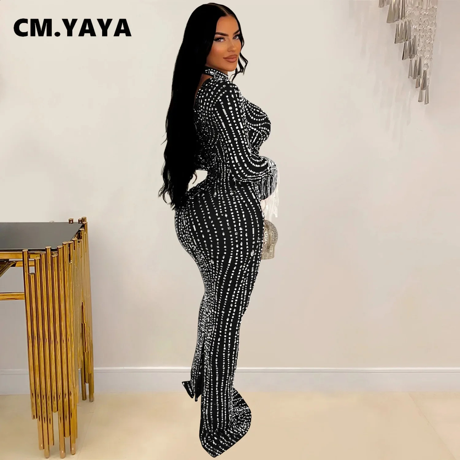 CM.YAYA 2024 Women Long Sleeve Mesh See Through Diamonds Rhinestones Bodycon Dress Woman Maxi Long Evening Birthday Dresses 241216