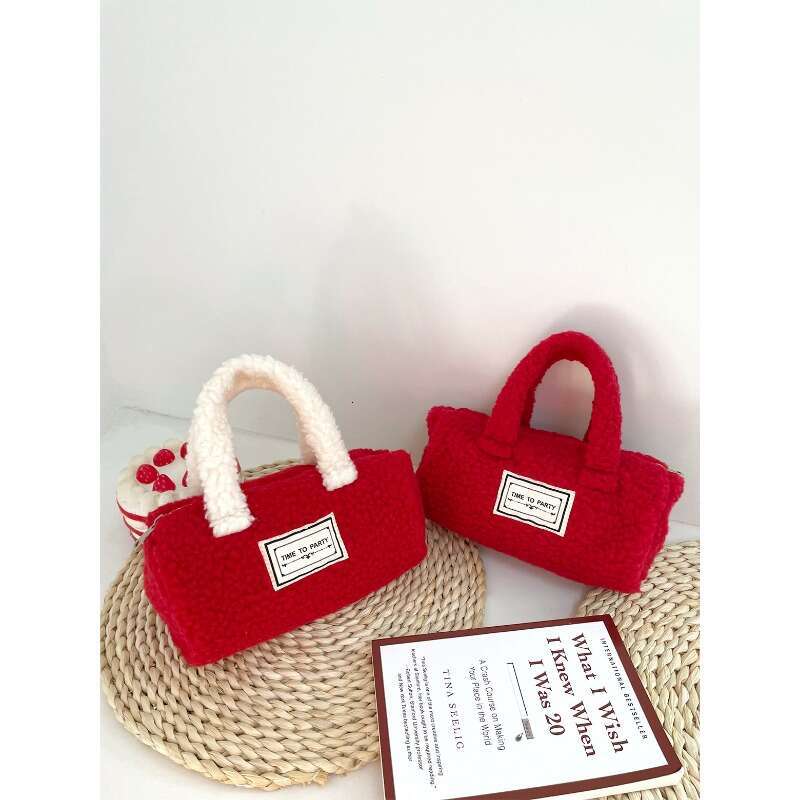 Women's Bags Christmas New Year's Red Envelope With Contrasting Colors, Lamb Fur Handbag, Plush Storage Bag