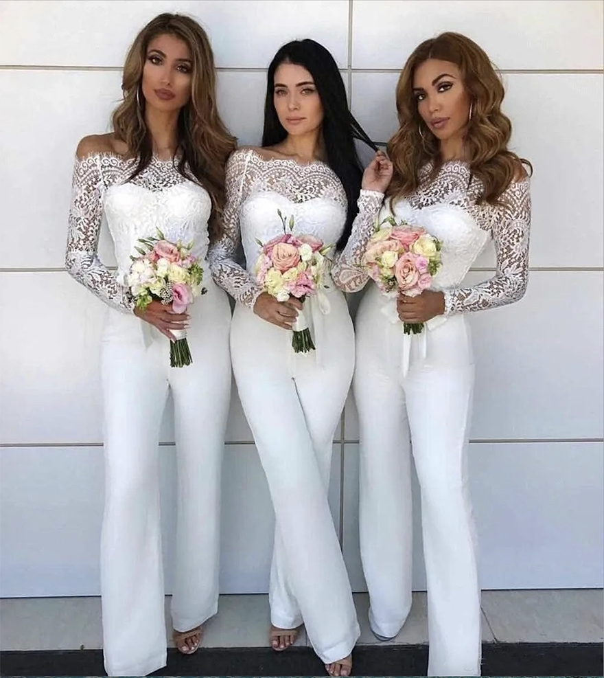 2024 Western Country Jumpsuit Bridesmaid Lace Off Shoulder White Satin Long Sleeve Sheath Maid Of Honor Dresses Pants Free shipping F