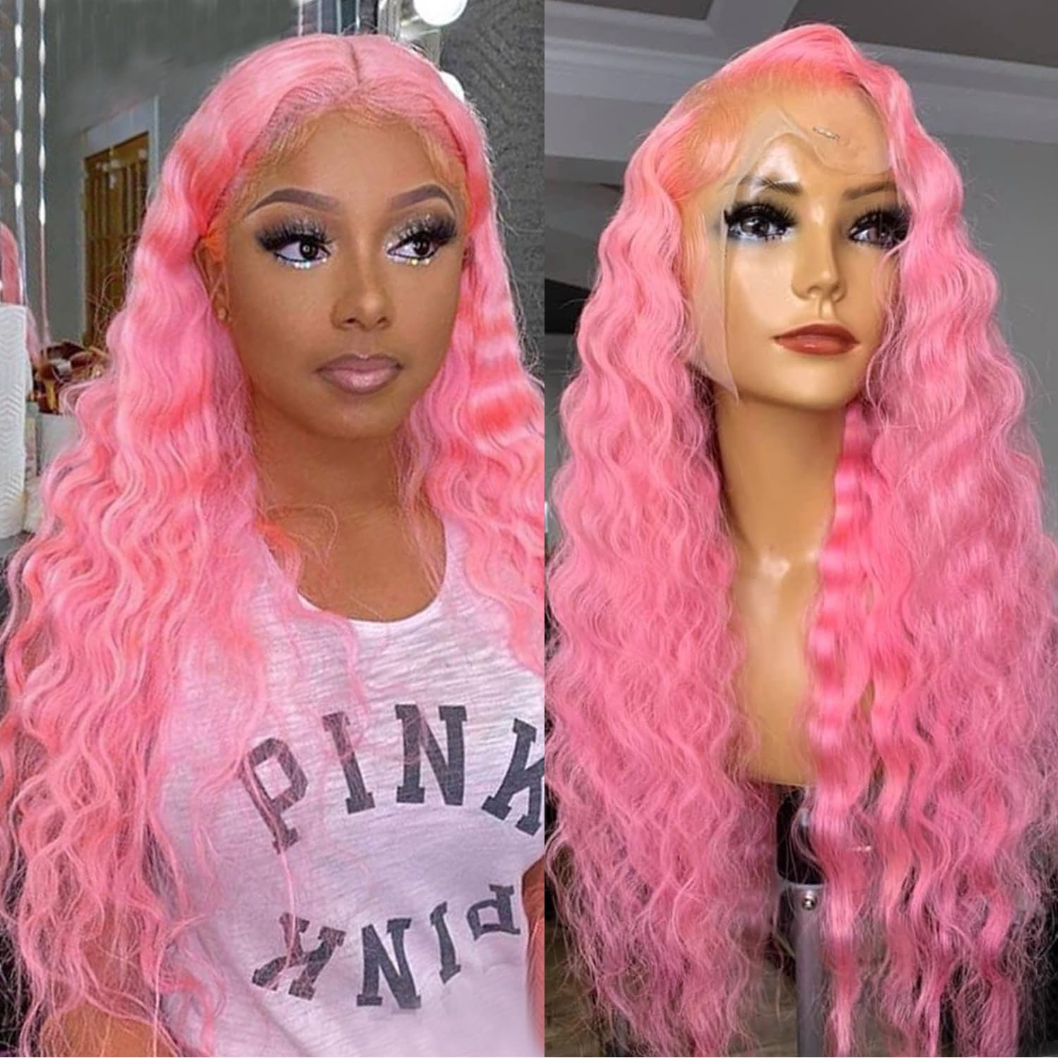 13x4Lace Front Synthetic Wig Fashion Women Stylish 180Density Rose Pink Long Natural Deep Wave Curly Wigs Dark Root Daily Heat Resistant Fiber Look Li