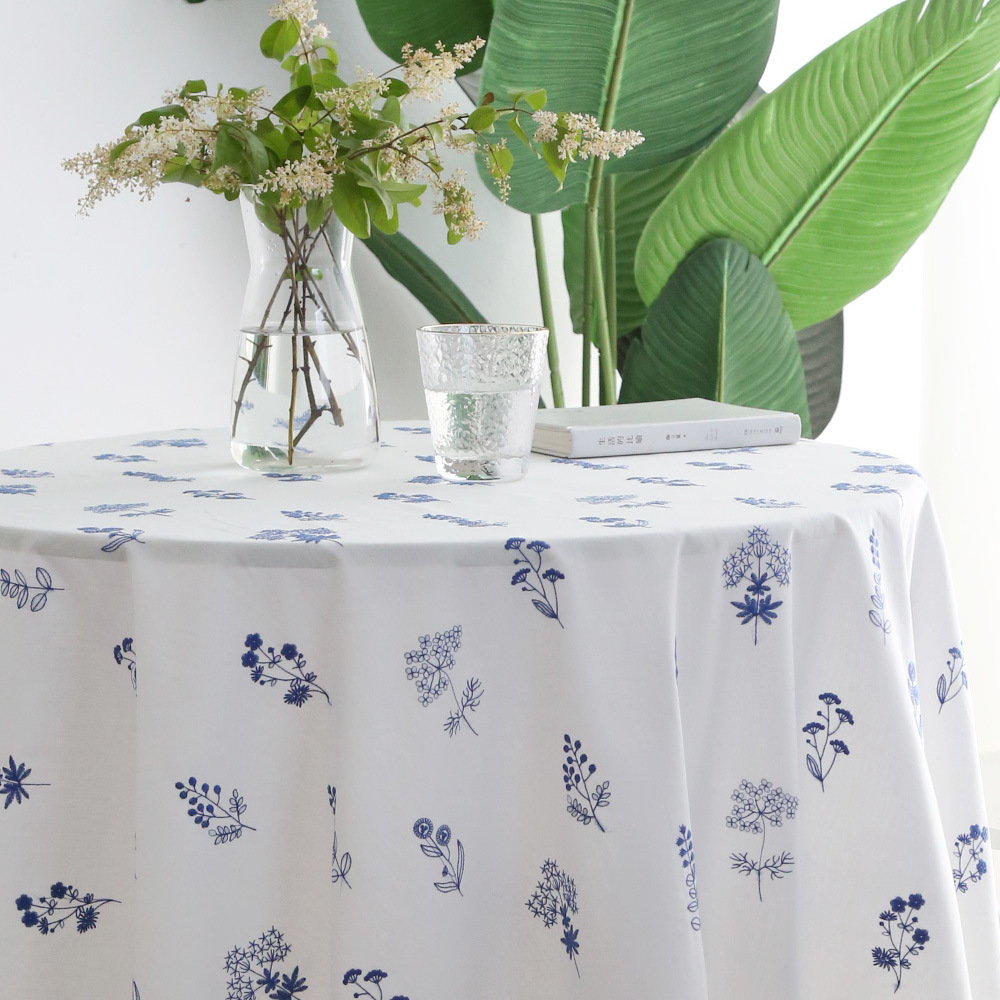 Small Fresh Embroidery Square Dining Table Cloth Blue Embroidery Background White French Round Coffee Table Cloth