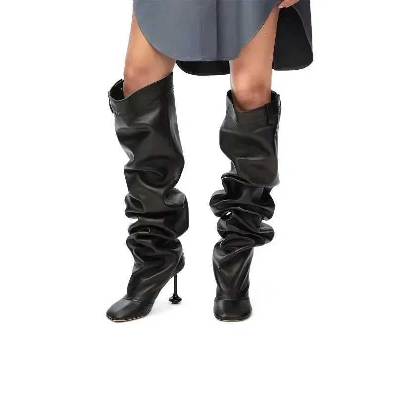 European and American Sexy Wine Glasses Knee High Wide Tube Stacking Boots for Womens Fashion High-heeled Sleeve Boots 241218