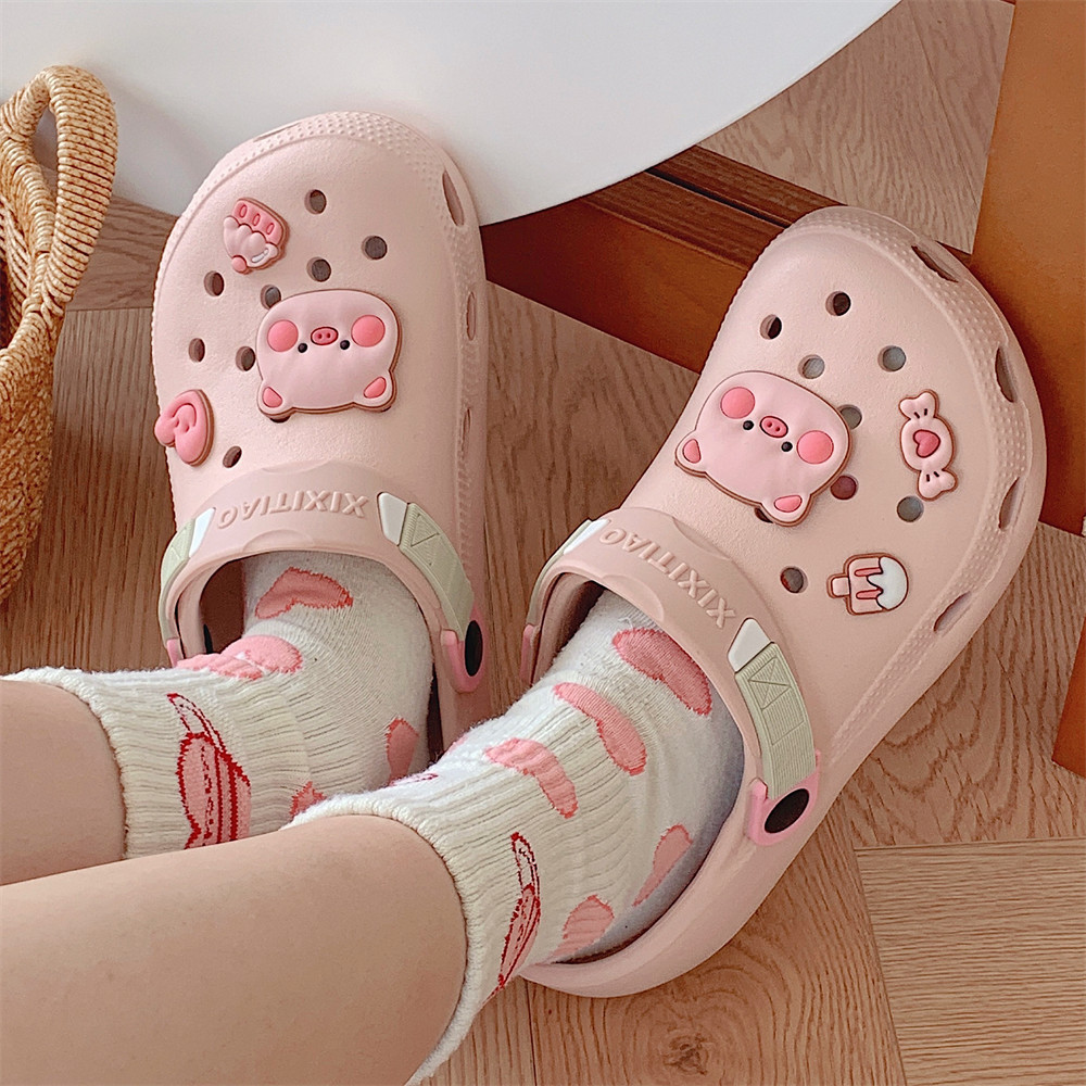 Girls' Heart Bag Head Hole Shoes Summer Outdoor Cute Piggy EVA Soft Sole Beach Shoes Women's Slippers Women Shoes Slides Women DIY Slippers