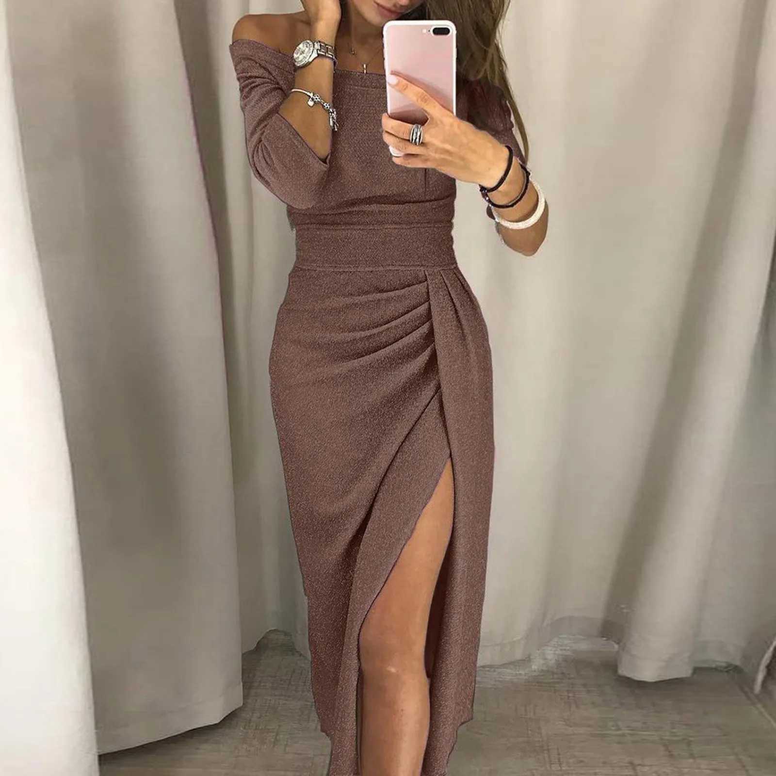Ele Asymmetrical Split Pencil Dresses Womens Sexy Off Shoulder Long Sve Bodycon Evening Party Long Dress Prom Club DressXJ241218