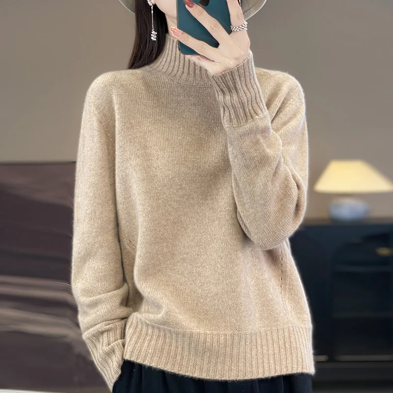 Women Fine Wool Sweater Half-high Collar Thickening Pullover Autumn Winter Cashmere Bottoming Knitwear Long Sleeve Loose Tops 241217