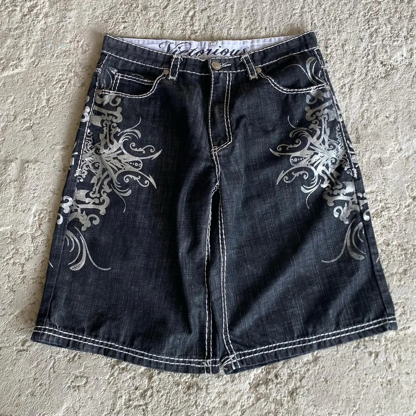 America Retro Gothic Pattern Embroidery Baggy Shorts Y2k Personality Print Casual Denim Short Fashion Men Women Jorts 241217