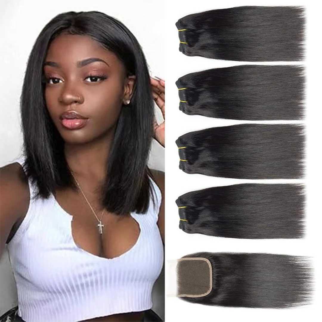 12A Peru straight bundle with Clossure 3 bundles with closed unprocessed virgin short hair Bob human hair bundle extension W241221