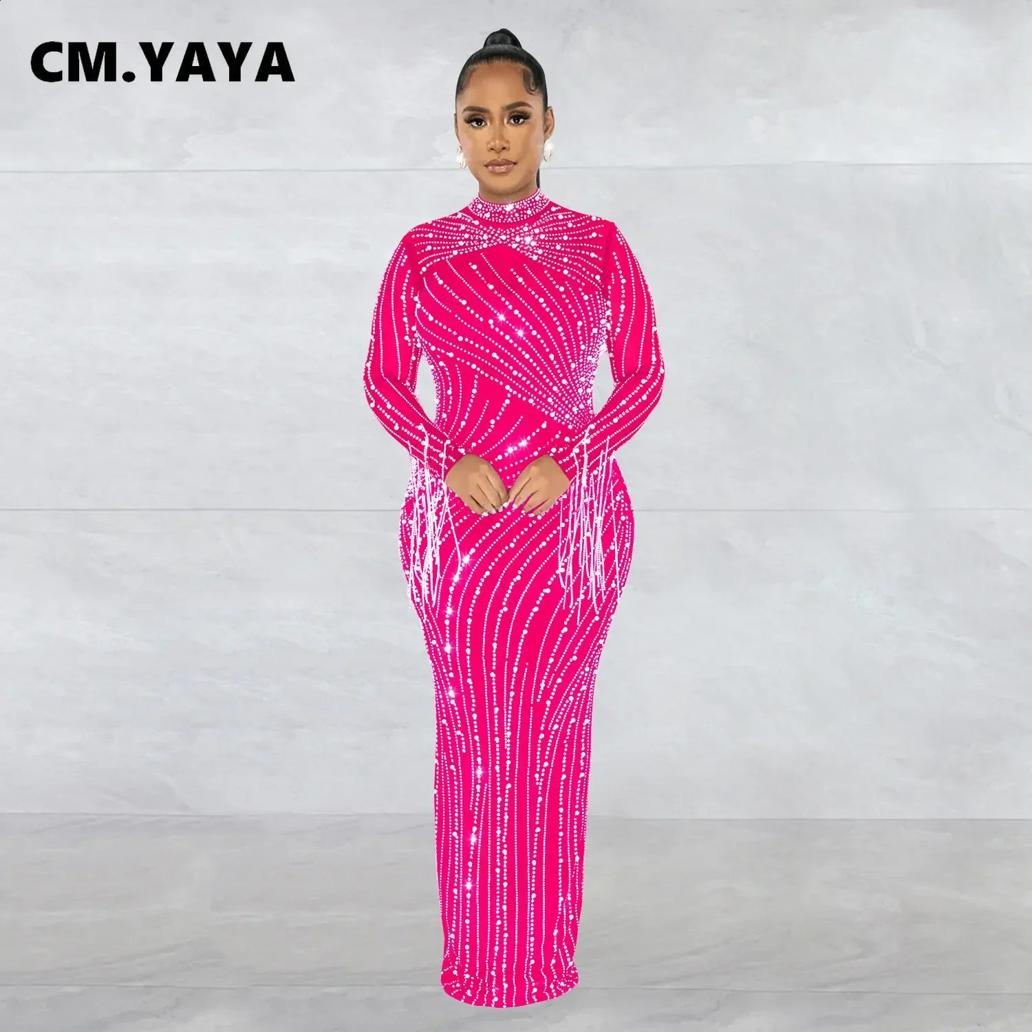 CM.YAYA Women Mesh Tassel Long Sleeve Diamonds Rhinestones Bodycon Midi Maxi Long Dress and Tank Inner Dresses 2piece Suit 241216
