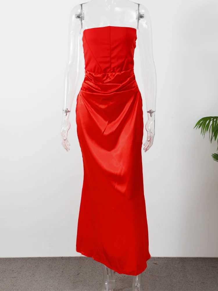 Sexy Red Satin Strapless Backless Women Corset Dress Fashion Waist Ruched Wrap Slim Dresses Autumn Ladies Evening Party VestidosXJ241218