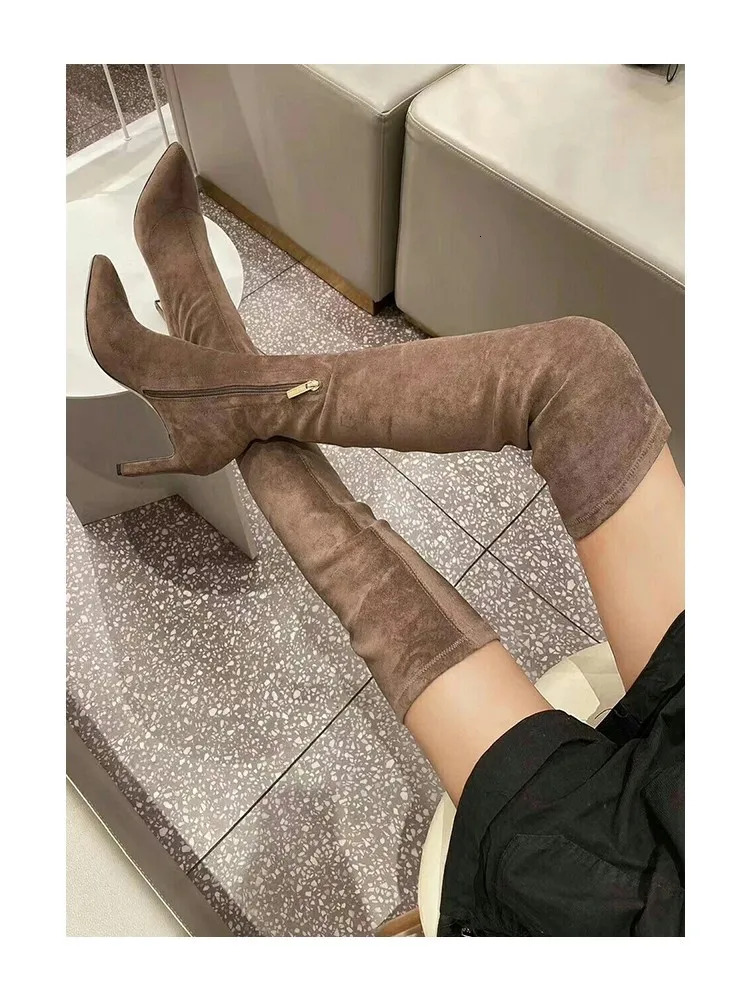 2024 Autumn And Winter New Over Elastic Women's High Heeled Pointed Knee Slim And Versatile Boots