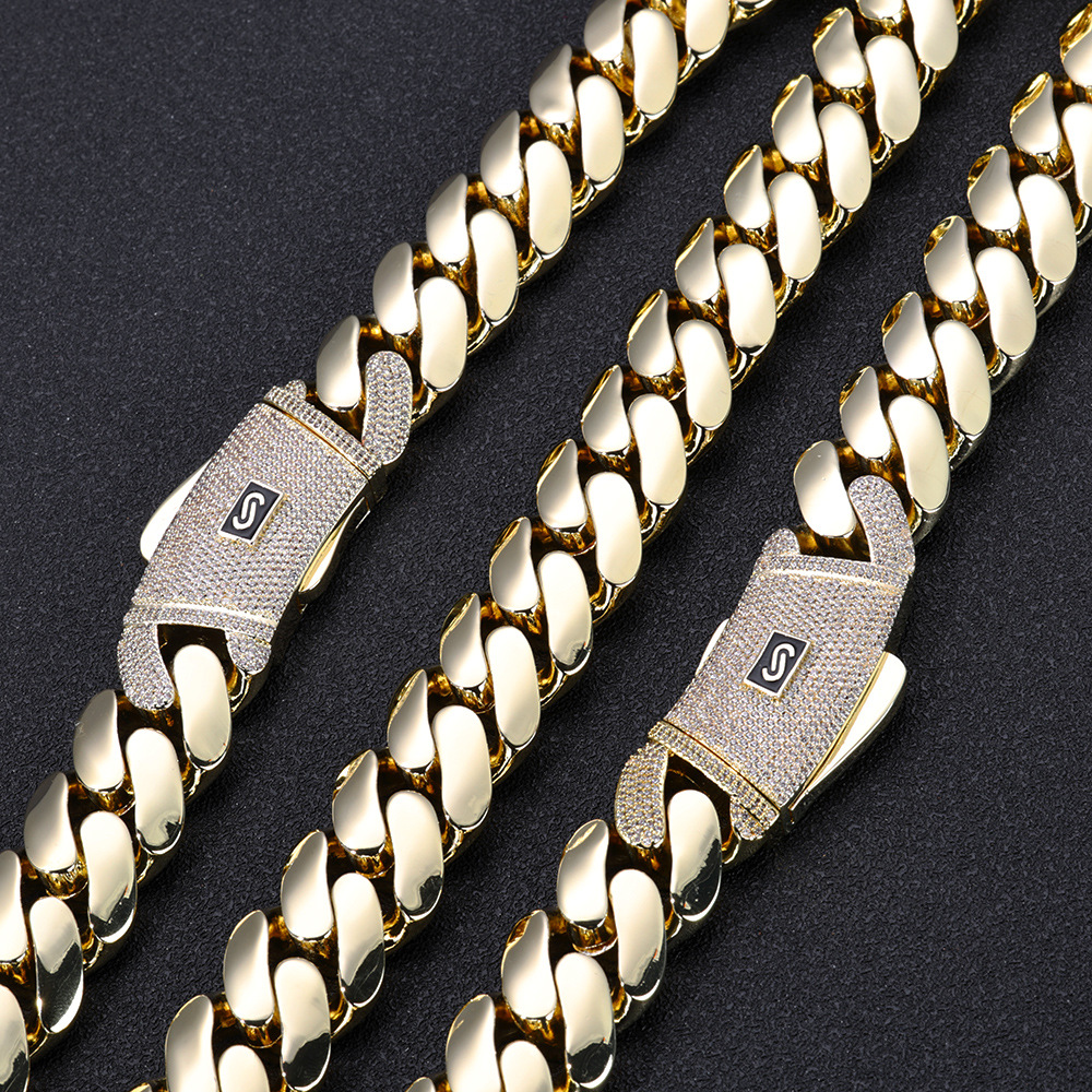 20mm 16-26inch 18K Gold Plated Bling Moissanite Stainless Steel Cuban Chain Necklace 7/8/9inch Bracelet for Men Women Fashion Jewelry Gift