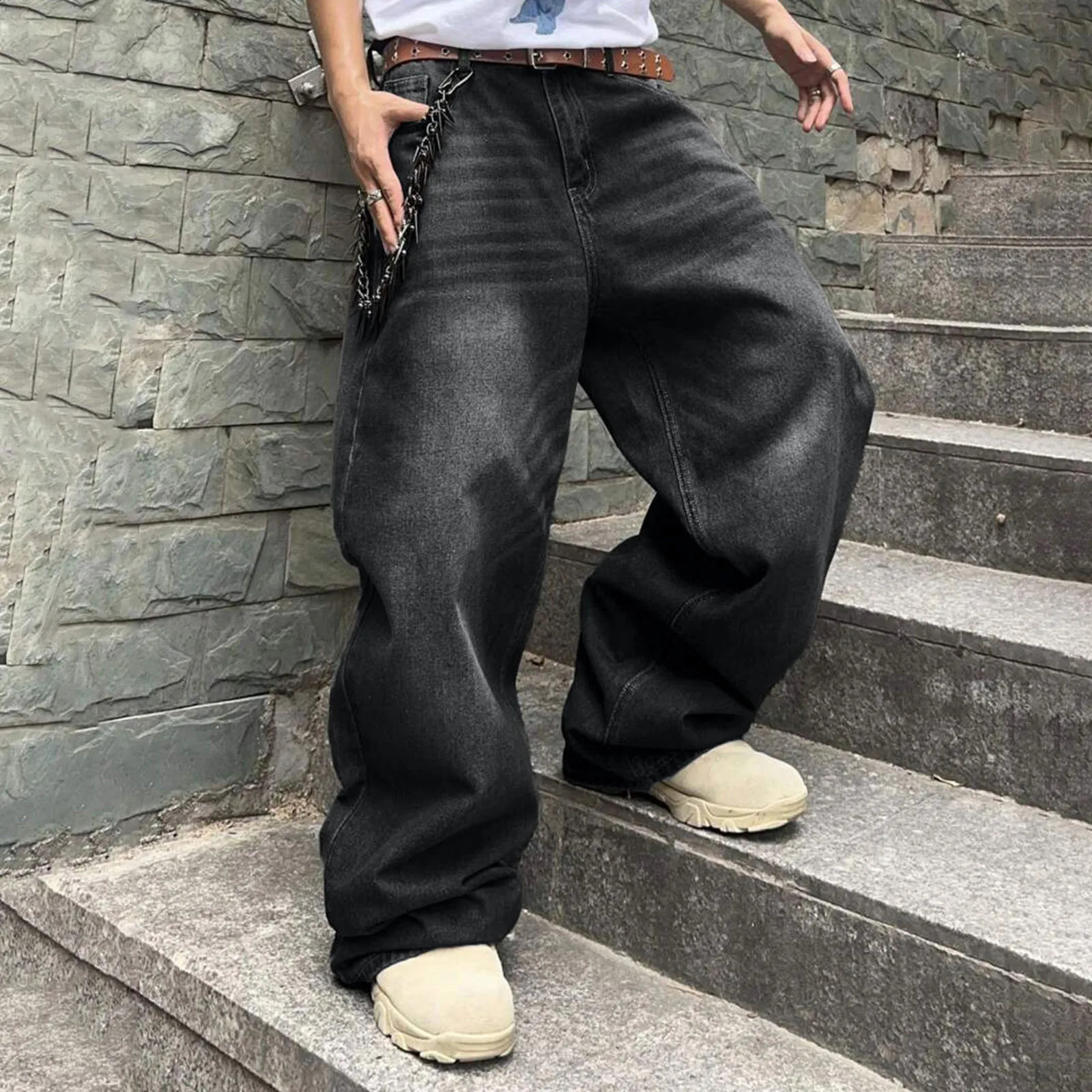 Mens loose denim pants wide legs high waistband casual Trousers plus size fashionable streetwear mens hiphop 241212Z