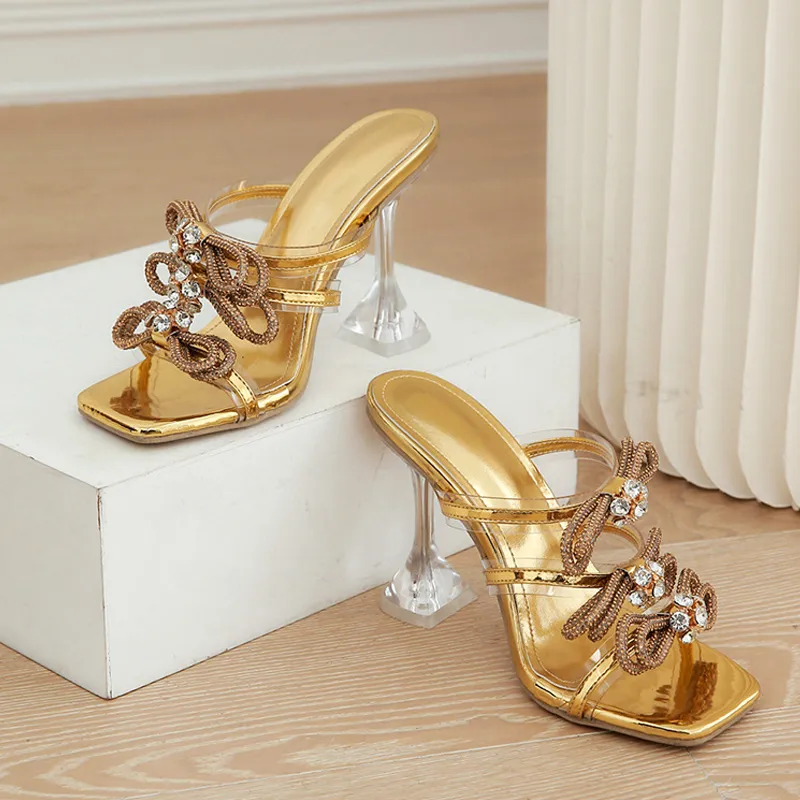 Liyke Fashion Gold Glitter Rhies Women Slippers Summer Crystal Bowknot High Heels Party Prom Shoes PVC Transparent Sandals