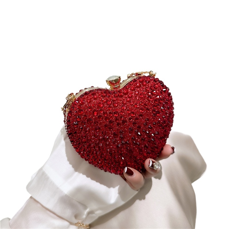 Dia Inlay Heart Shape Crystal Clutch Purse Stones Evening Wedding Party Shoulder Bag Handle Rhie Mini Handbags
