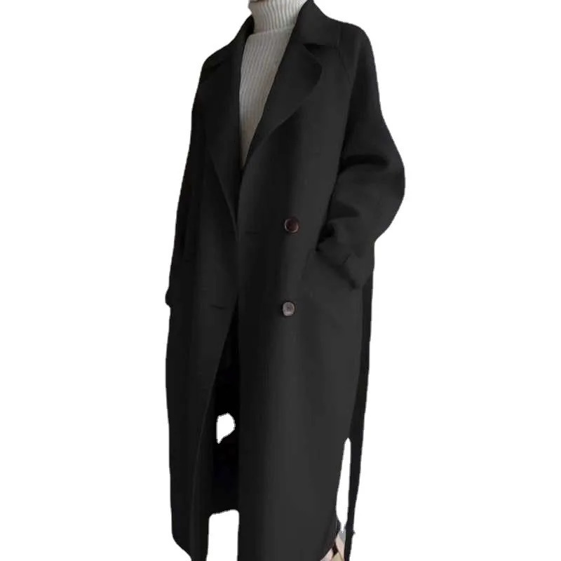 Autumn Winter y Women Trench Coat Tweed Double Breasted Loose Long Korean Cinched Waist and Tied Belt 241217