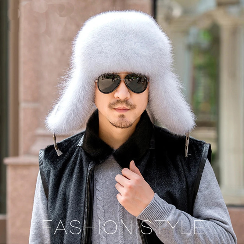 Winter Mens 100 Real Silver Fur Bomber Hat Raccoon Ushanka Cap Trapper Russian Man Ski Hats Caps Leather 241217z