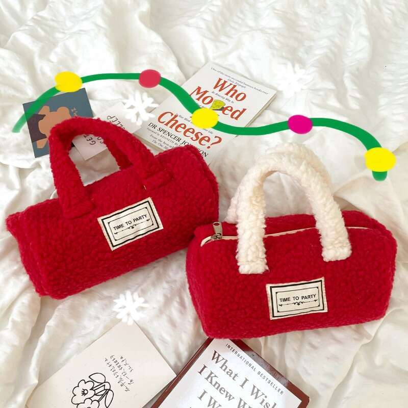 Women's Bags Christmas New Year's Red Envelope With Contrasting Colors, Lamb Fur Handbag, Plush Storage Bag