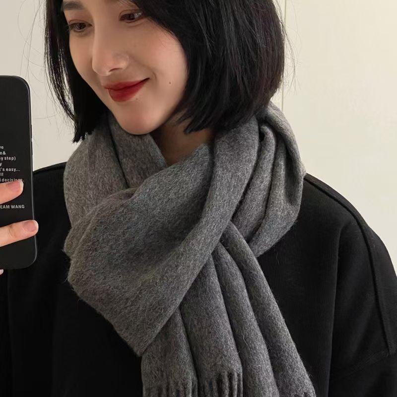 T004 pure wool new winter gray scarf thickened autumn and winter all-match solid color shawl warm neck scarf
