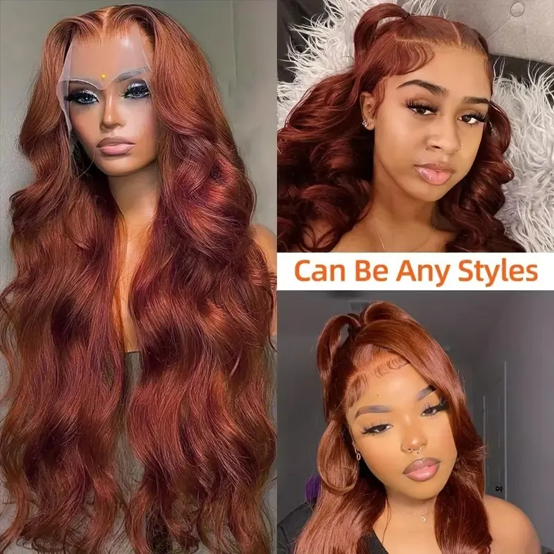 13x4 Reddish Brown Body Wave Hair HD Lace Front Wig 32 Inch Water Wave Lace Frontal Look Like Human Hair Wig 280Density For Women PrePlucked Naturally