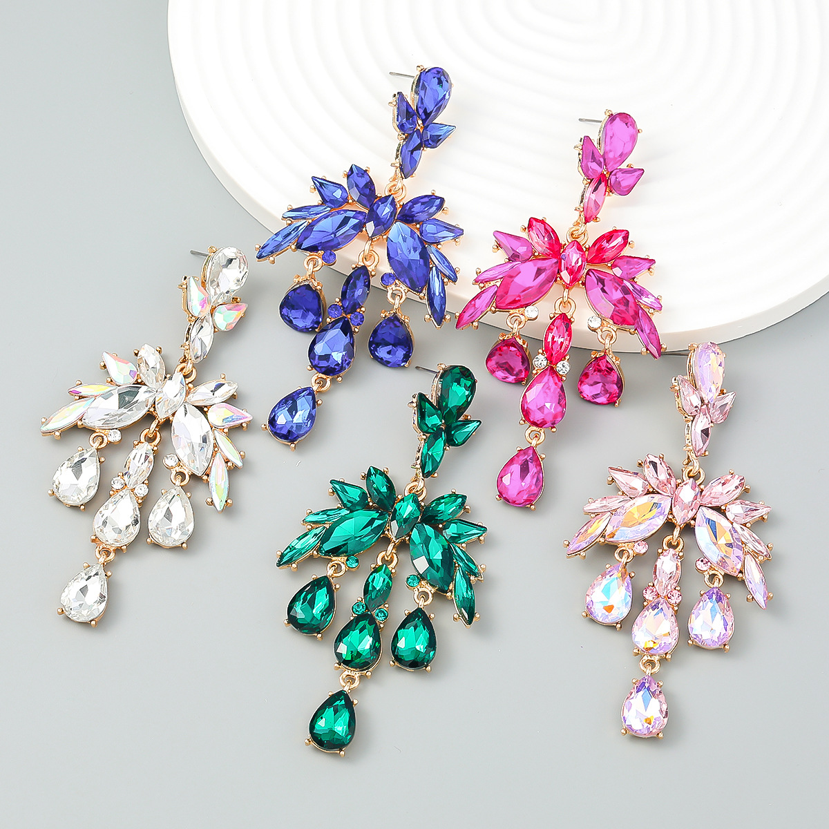 Alloy Diamond-Set 3PCS/LOT Teardrop Glass Crystal Earrings with Floral Design - Exaggerated Party Accessories for Women