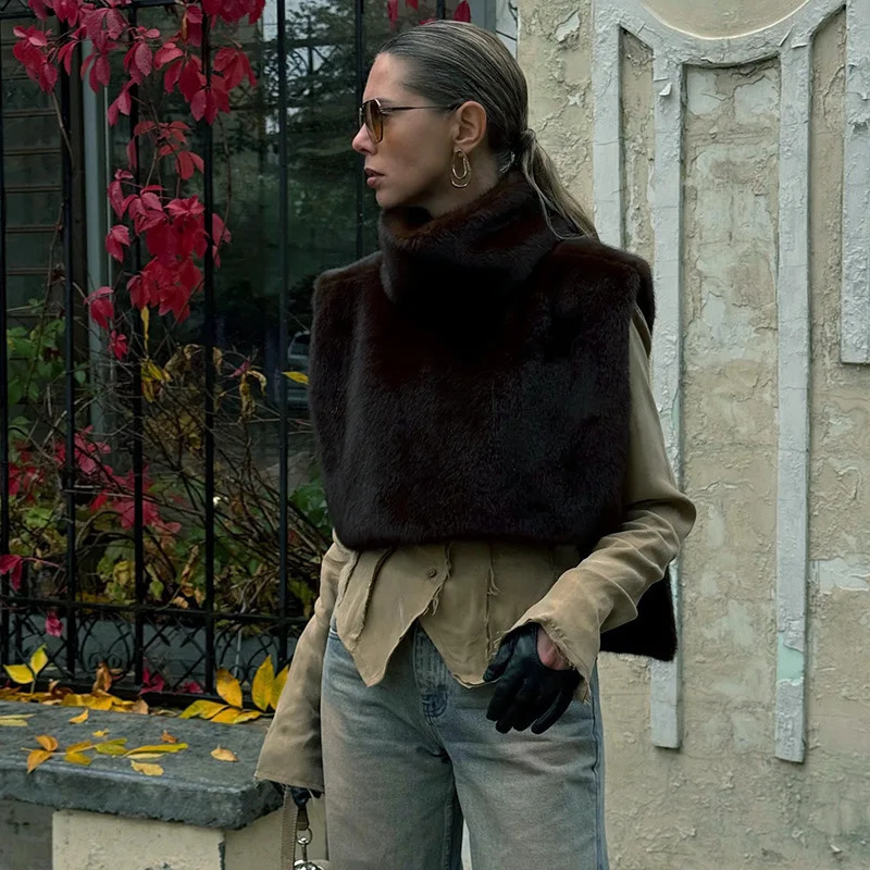 Autumn Winter Women Chic Fashion Turtleneck Sleeveless Street Faux Fur Shawl Female Warm Irregular Outerwear Tops Ladies Cloak 241218