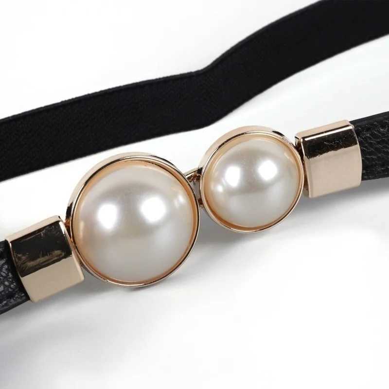 Fashion Double Pearl PU Leather Dress Tight Waist Elastic Thin Belt Womens Fashion Accessories W250326