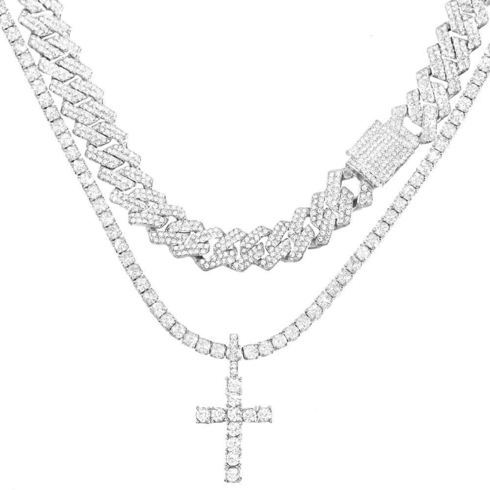 Hip Hop 2pcs Cross Tennis 14MM Prong Necklace For Men Women Iced Out 2 Row Cuban k Chain Necklaces Couple Jewelry