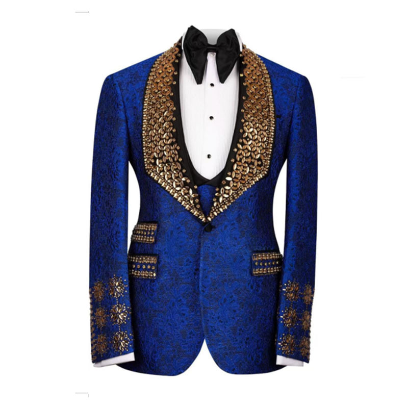 Luxury Wedding Suits Jacquard Beaded Rhinestone 1 Piece Set Coat Shawl Lapel Exquisite Men Tuxedos One Button Formal Groom Tuxedo Suit Customized