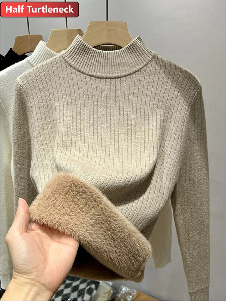 Sweater For Women Casual Thick Warm Knit Plush Velvet Lined Pullover Tops Fall Winter Soft Knitwear Jumper Slim Poleras 241217