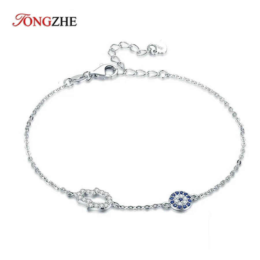 TONGZHE Hamsa Hand Charm Bracelet 925 Sterling Silver Luck Blue CZ Chain Link Bracelets For Women Turkish Jewelry 241214
