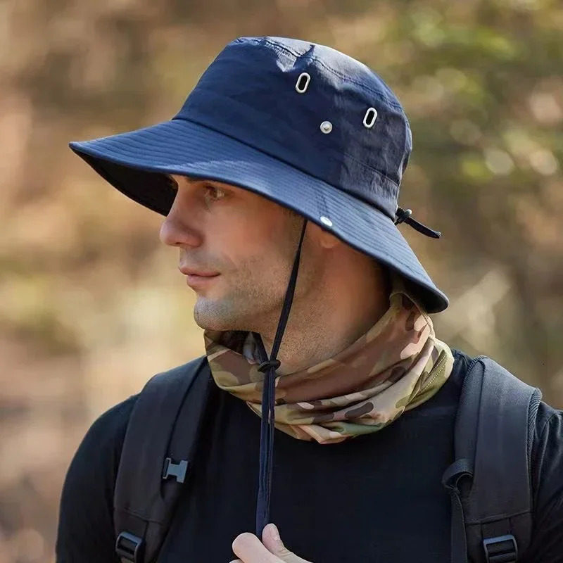 Men Summer Bucket Hat Solid Fisherman Fishing Outdoor Sunshade Big Brim Sunscreen Cap Riding Hiking Suncreen Sunhat Helmet 250106