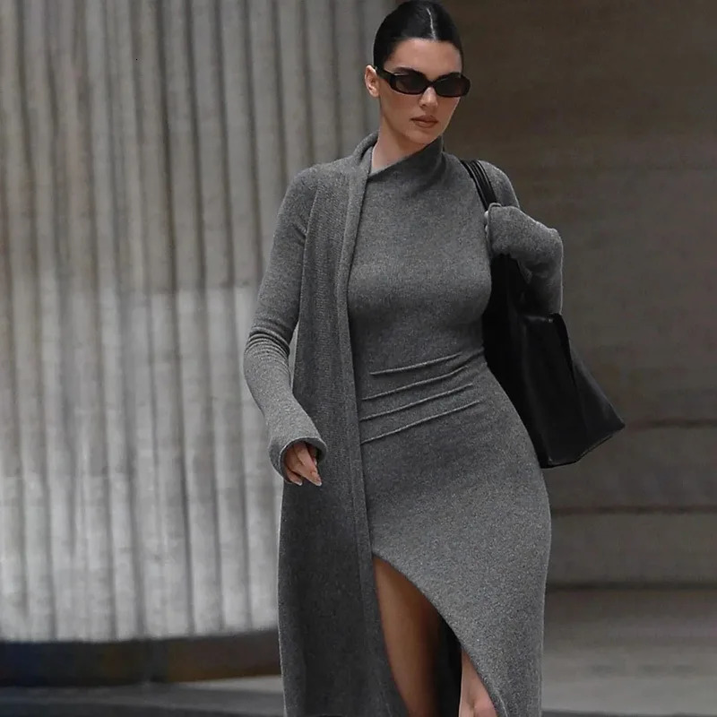 Asymmetrical Knit Long Dresses for Women Winter Fashion Kendall Outfits Gray Black Sexy Sleeve Slit Dress 241218