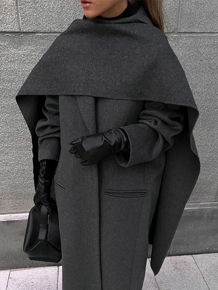 Fashion Oversized Full Sleeve Big Scarf Collar Women Overcoat Elegant Solid Pocket Double Breasted Coat Lady Commuting Wear 241217