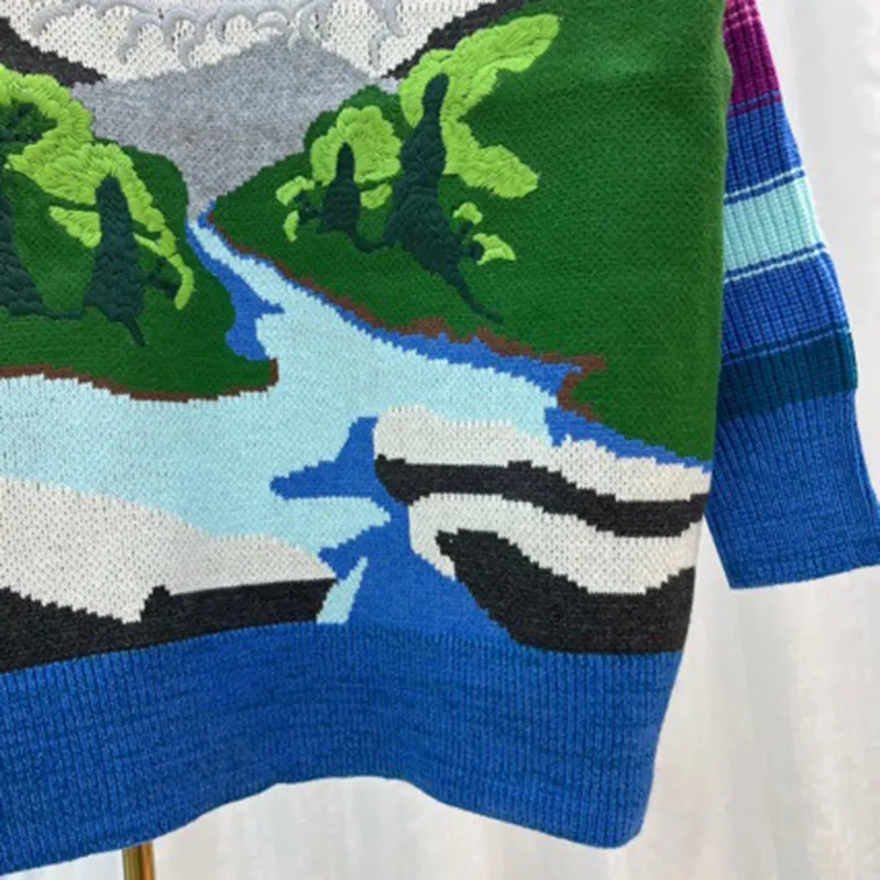 Embroidered Rainbow Oversized Knit Sweater for Women Distinctive Style Mid-Length Top Sweater
