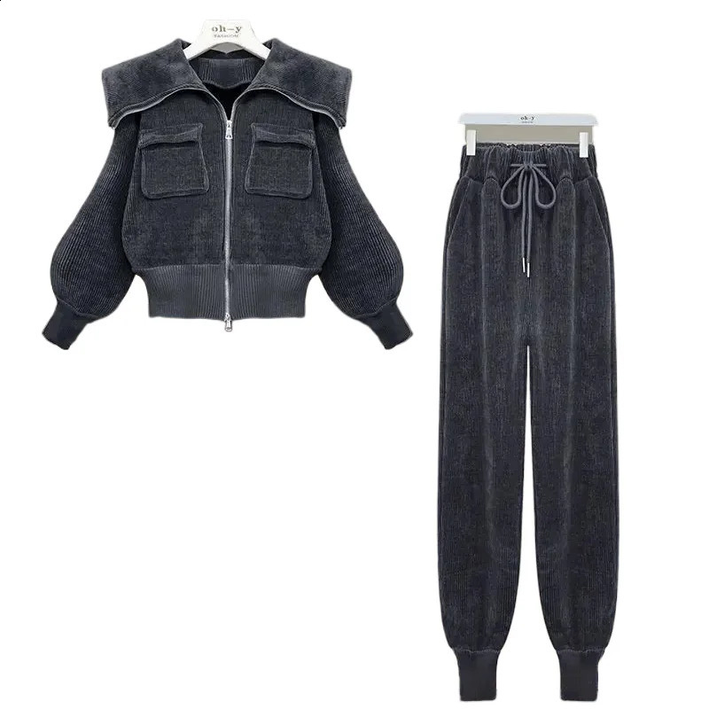 Corduroy set womens spring/summer polo neck ultra-thin jacket high waisted casual pants two-piece set womens clothing 241217