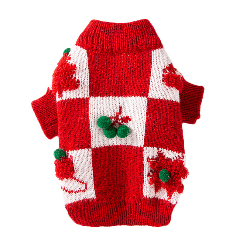 Autumn and winter creative checkerboard three-dimensional Christmas New Year sweater dog clothes Teddy Bichon New Year pet clothing