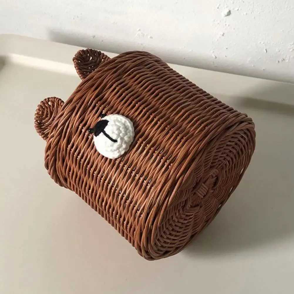 Nordic Style Bear Tissue Box Handmade Bear Lattan Tissue Box Desktop Roll Paper Tissue Rack Y241218