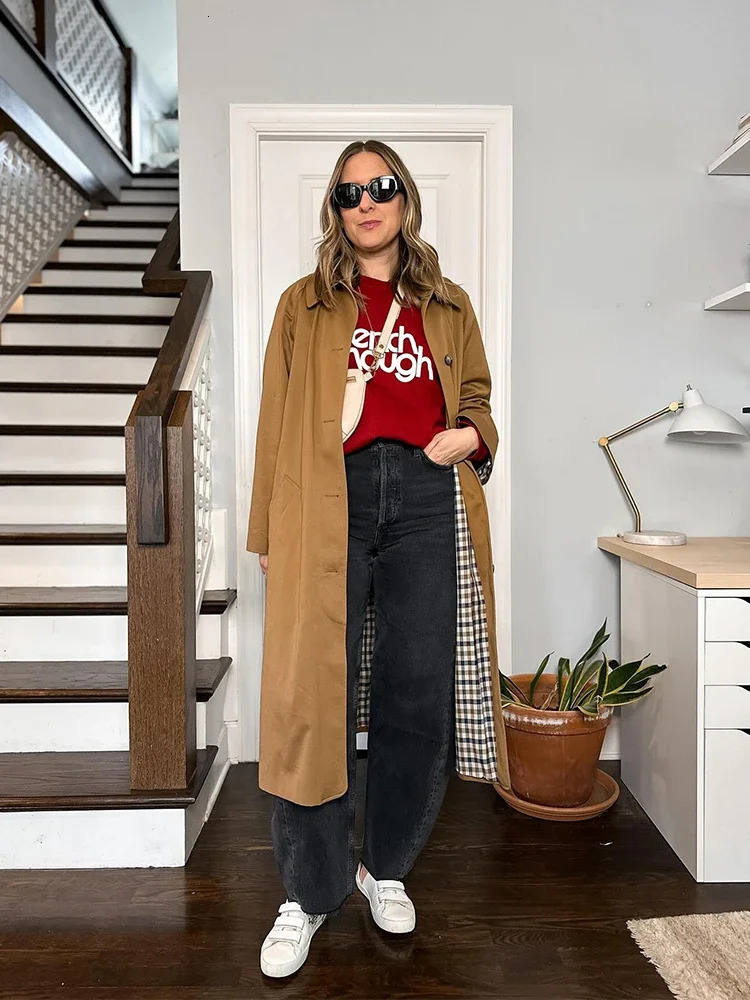 Single Breasted Lapel Trench Coat with Pocket Women Versatile Long Jackets Plaid Lining Winter Coats 241217