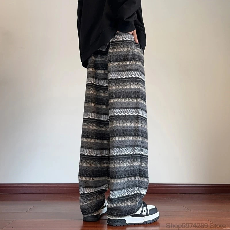 Wide Leg Pants Men Women Autumn Winter Fashion Casual Straight Pants Loose Mopping Pants Harajuku Vintage Striped Black/Coffee 241218