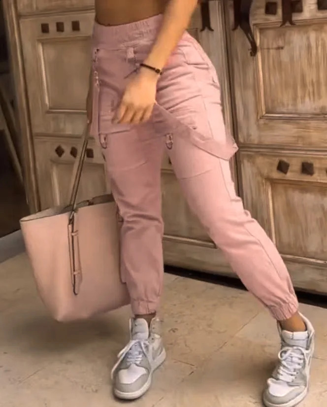 Womens Cargo Pants Casual Trousers Spring Autumn Solid Color Trend Street Pocket Cuff Suspenders Streetwear Women 241217