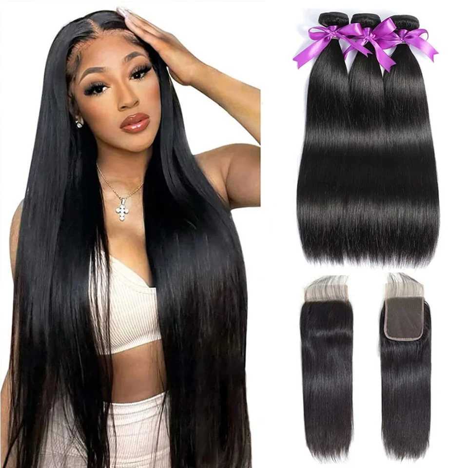 Straight 3/4 bundle with closed human hair Brazil womens hair ribbon closed 4x4 13x4 lace tie bundle W241221