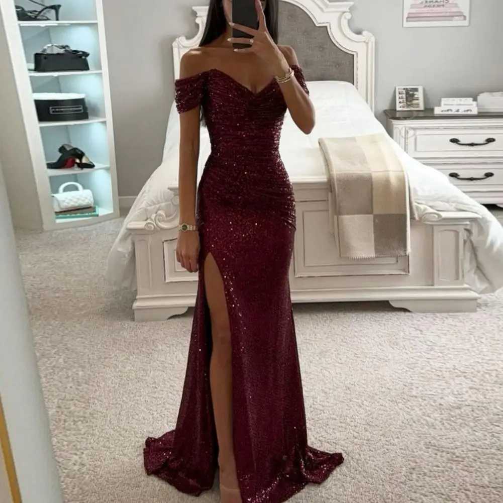 Womens V-neck shoulder long skirt with sequined pleated skirt Sve waist tight evening dress party dance party dress ultra-thin sexy split style long d