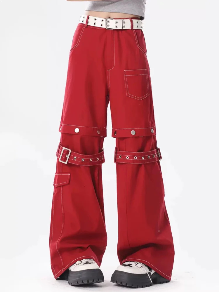 Adagirl red bagged womens cargo pants Y2k hip-hop retro goth hippie detachable wide leg jeans 241217