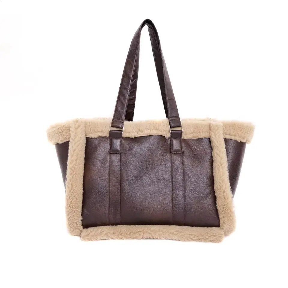 FAUX SHEARLING TOTE BAG traf winter fashion patchwork texture fur one hand bill shoulder fur large shopping bag 241216