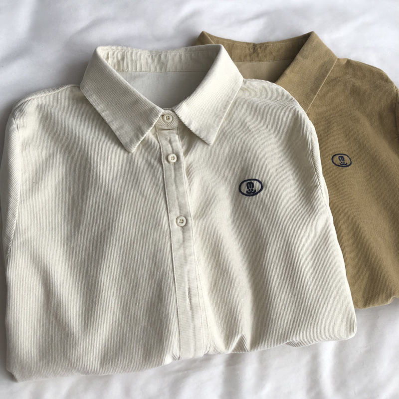 LXZ2 Small embroidery corduroy positive shoulder long-sleeved shirt female lapel lapel peplum stacked shirt fall and winter small people tops