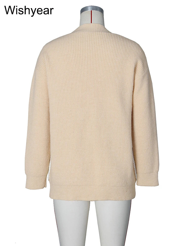 Elegant knitted sweater cardigan woolen sweater womens denim pocket patch work V-neck loose jacket streetwear jacket autumn and winter sales 241210