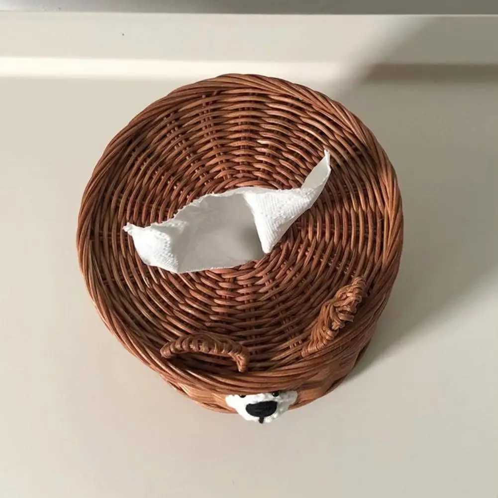 Nordic Style Bear Tissue Box Handmade Bear Lattan Tissue Box Desktop Roll Paper Tissue Rack Y241218