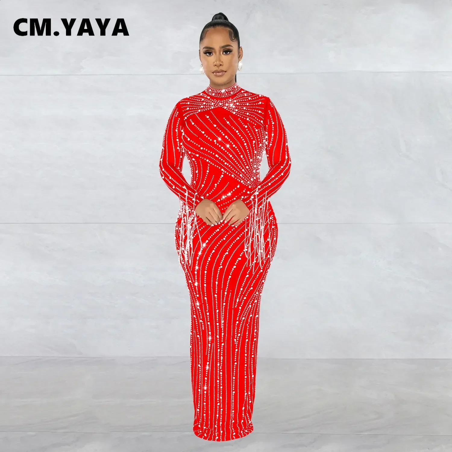 CM.YAYA Women Mesh Tassel Long Sleeve Diamonds Rhinestones Bodycon Midi Maxi Long Dress and Tank Inner Dresses 2piece Suit 241216