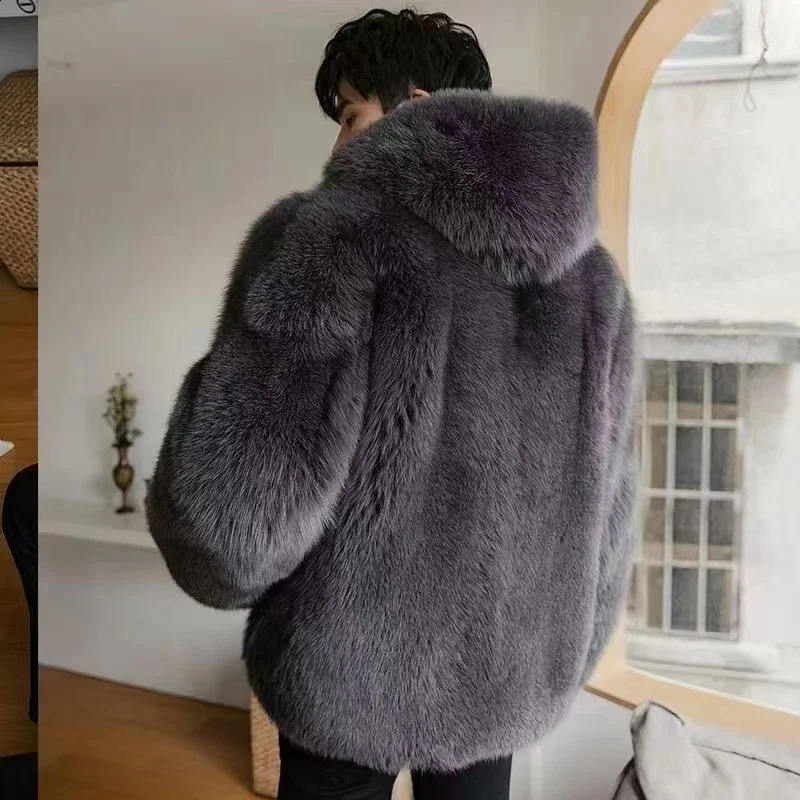 2024 Thick Mens Fur Warm Soft Artificial Plush Hoodie with Hat Fashion Light Top Coat Windshield 241211